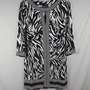K Studio Collection Women Black White Abstract Print Split‎ Neck Shift Dress 10